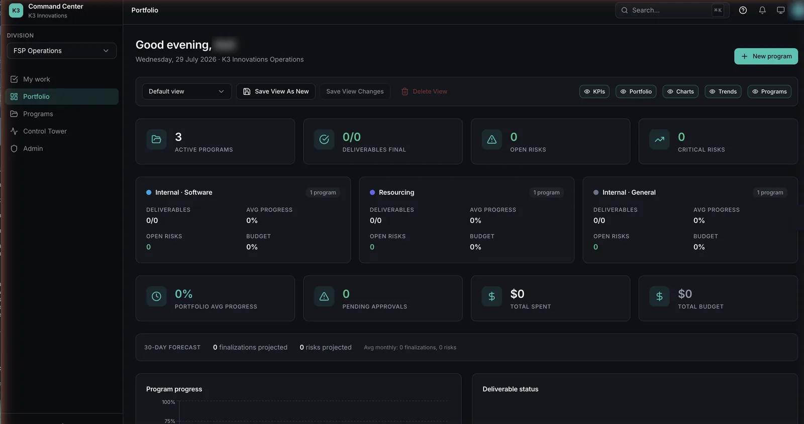 Command Center — delivery & risk dashboard